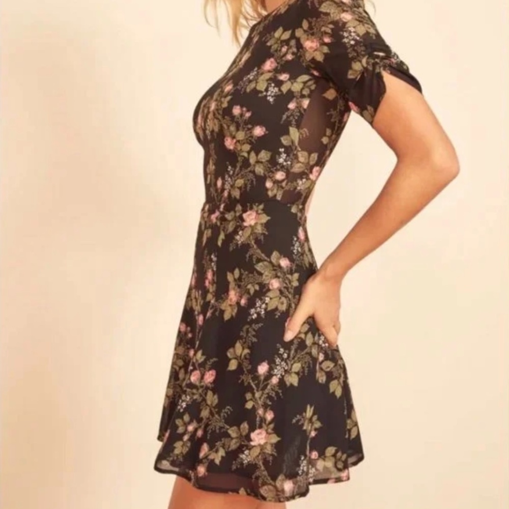 Reformation Gracie Black Floral Mini Dress with Pink & Green Accents
